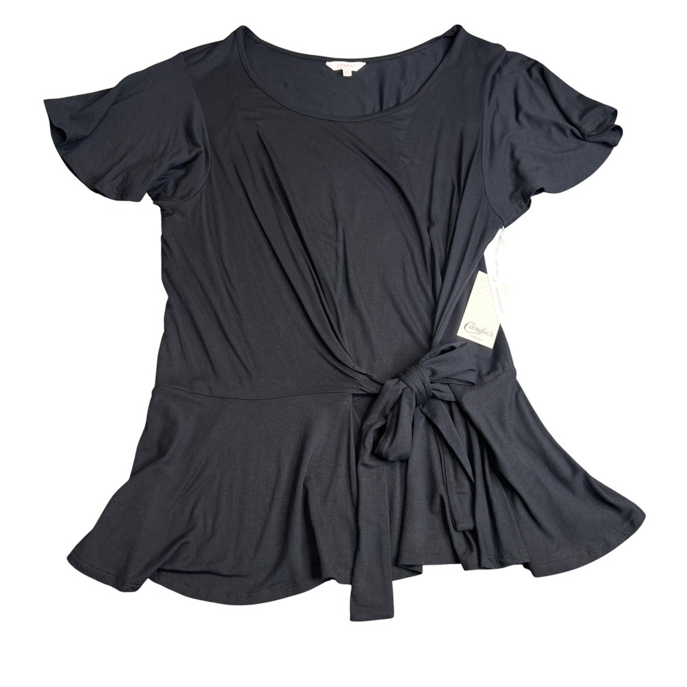 Candies Womens XXL Mineral Black Faux Wrap Peplum Top Short Flutter Sleeve NWT